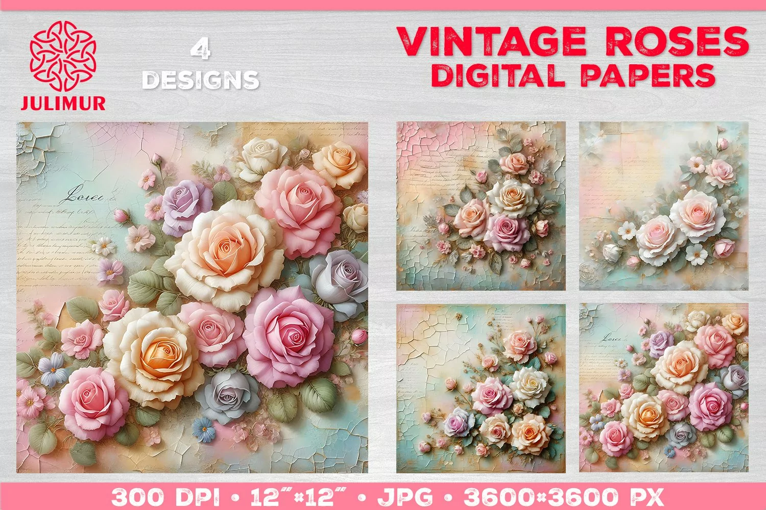 Vintage Roses Pastel Digital Paper. Valentine Digital Paper product image 1