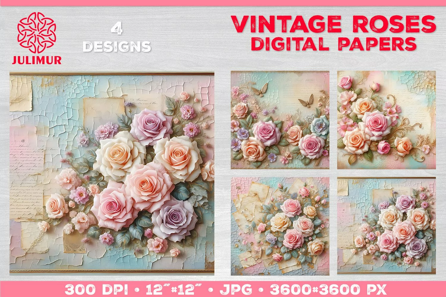 Vintage Roses Pastel Digital Paper. Valentine Digital Paper product image 1