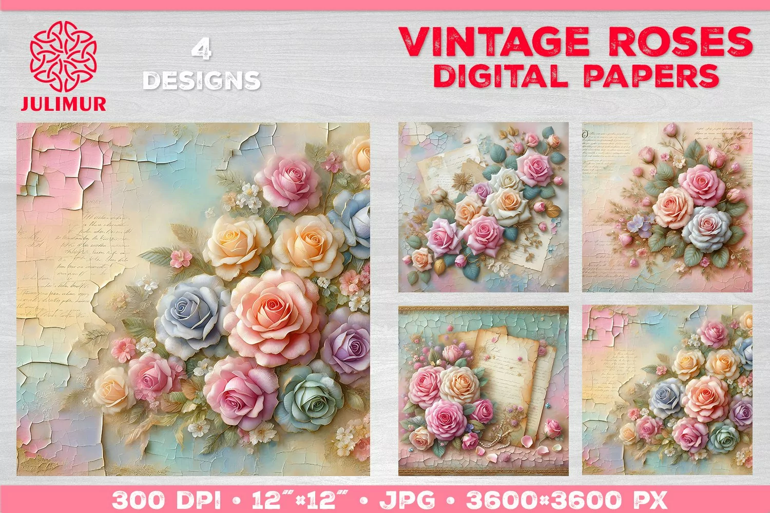 Vintage Roses Pastel Digital Paper. Valentine Digital Paper product image 1