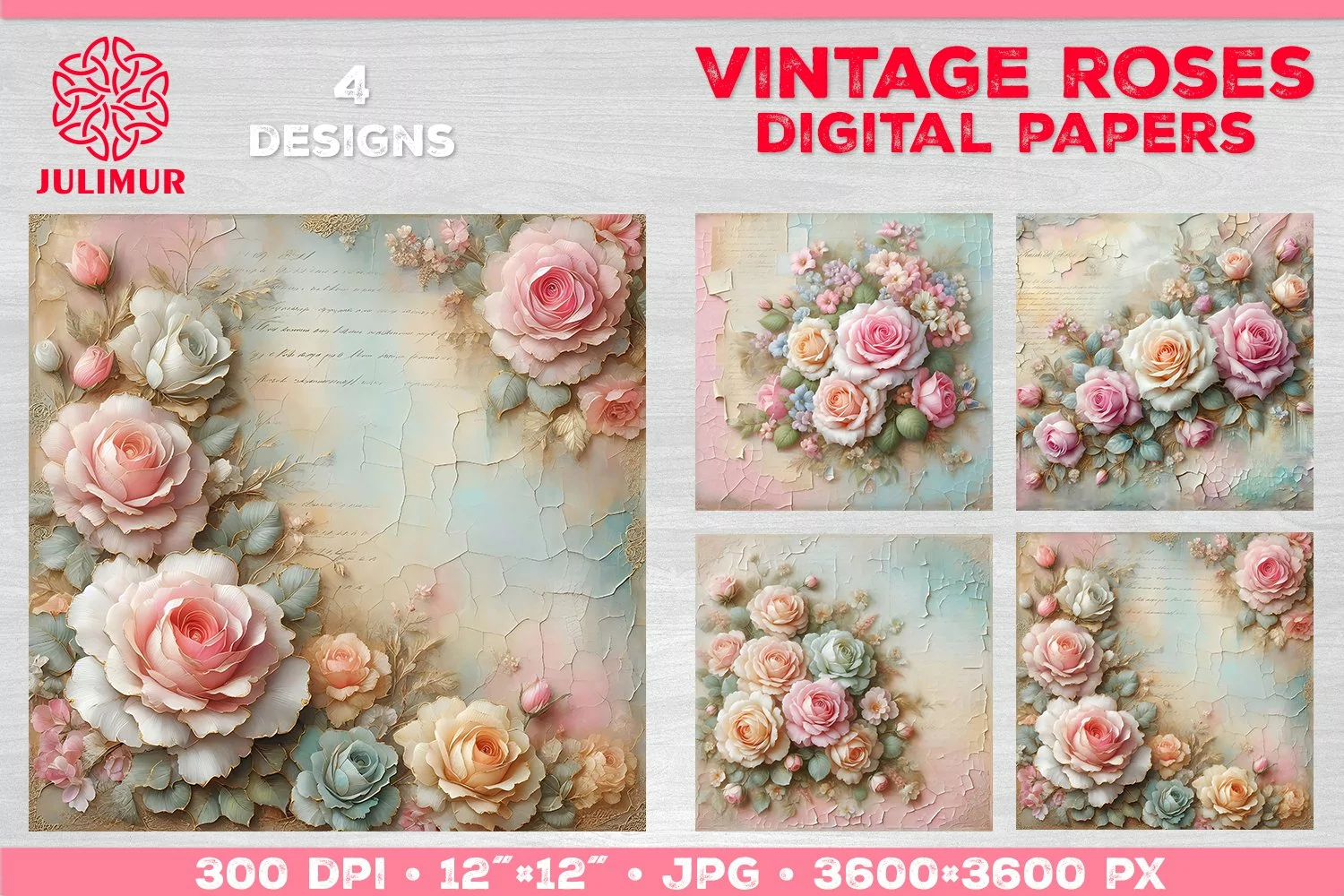 Vintage Roses Pastel Digital Paper. Valentine Digital Paper product image 1