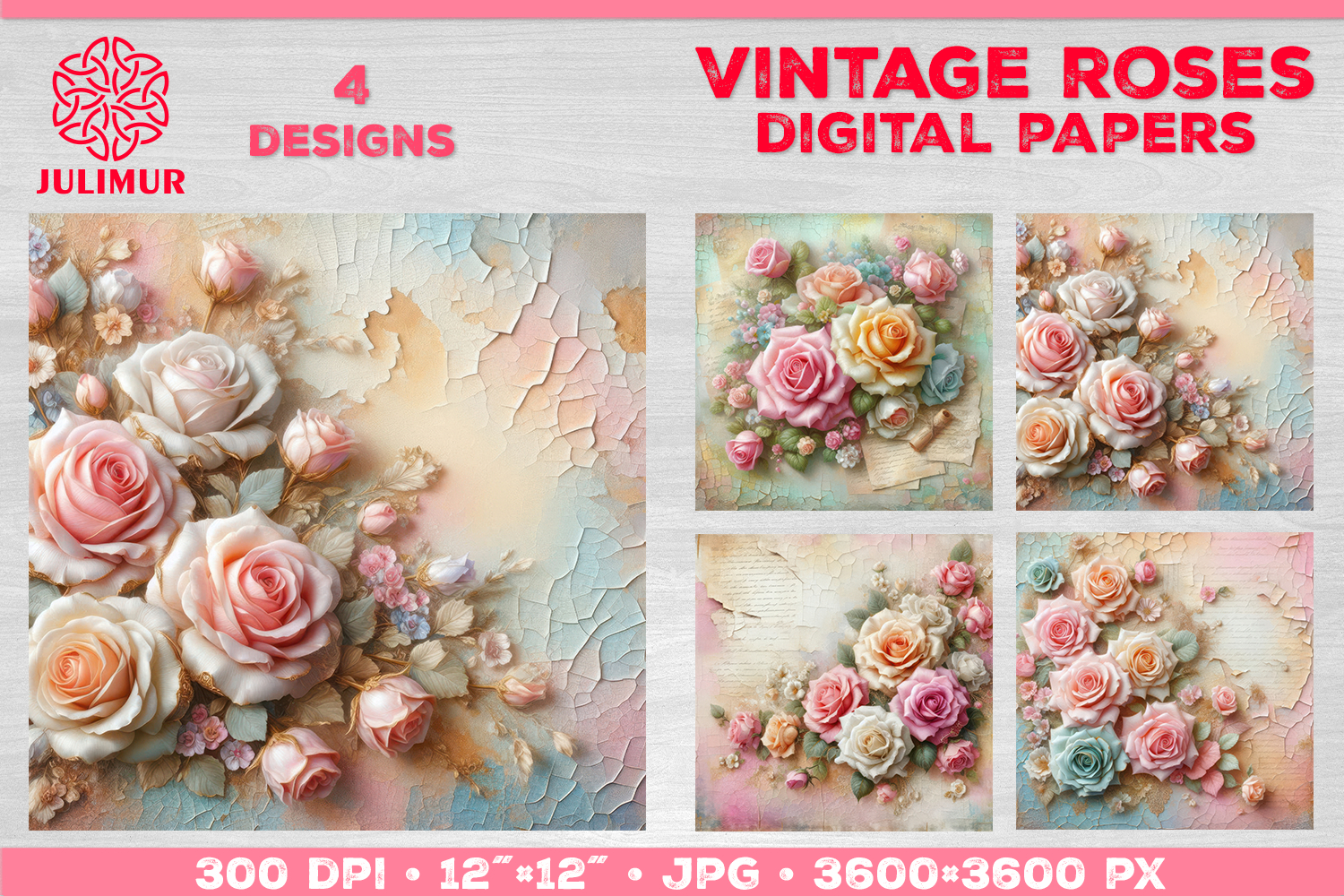 Vintage Roses Pastel Digital Paper. Valentine Digital Paper product image 1