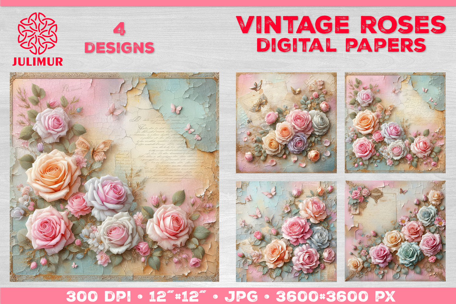Vintage Roses Pastel Digital Paper. Valentine Digital Paper product image 1