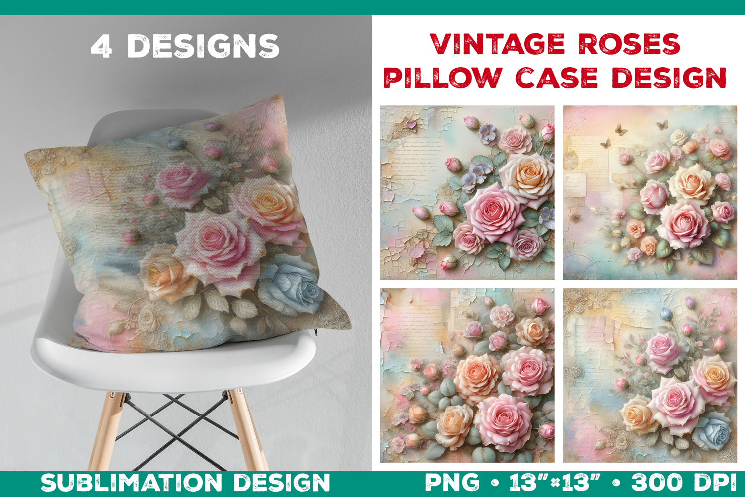 Romantic Vintage Roses Pillow Case Sublimation Design product image 1