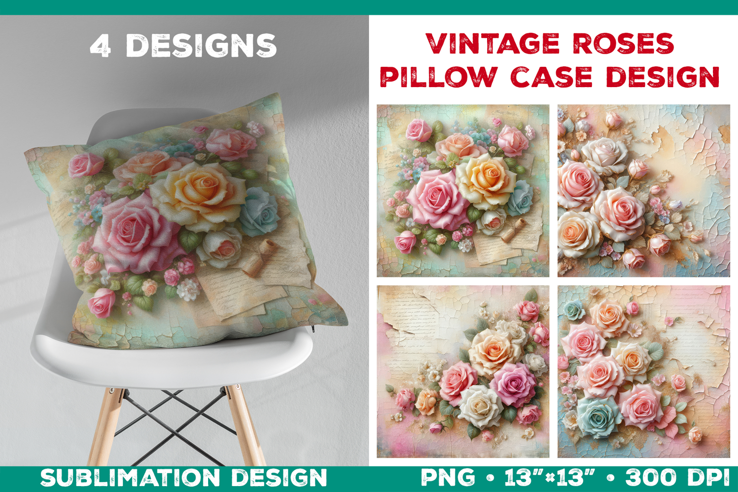 Romantic Vintage Roses Pillow Case Sublimation Design product image 1
