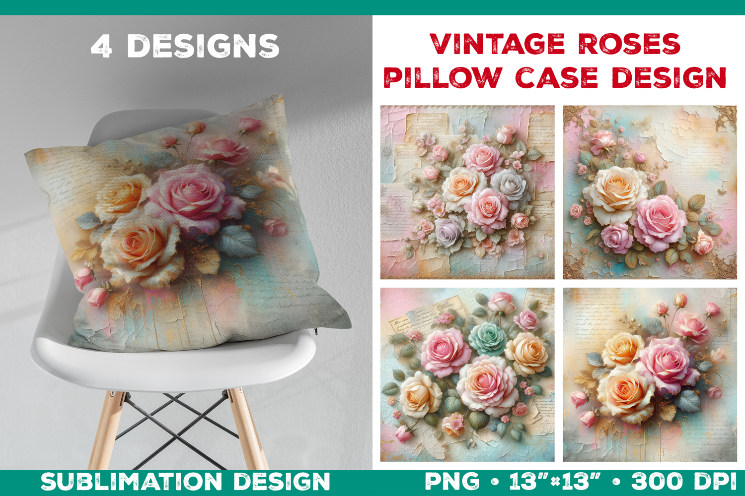 Romantic Vintage Roses Pillow Case Sublimation Design product image 1