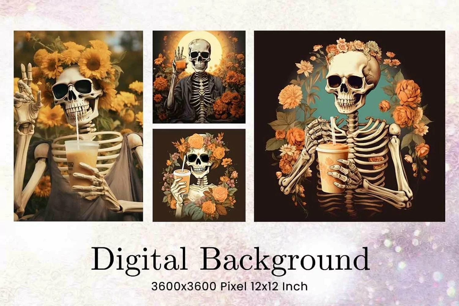 Vintage Skull Flower Halloween Background Scare Horror Ghost product image 1