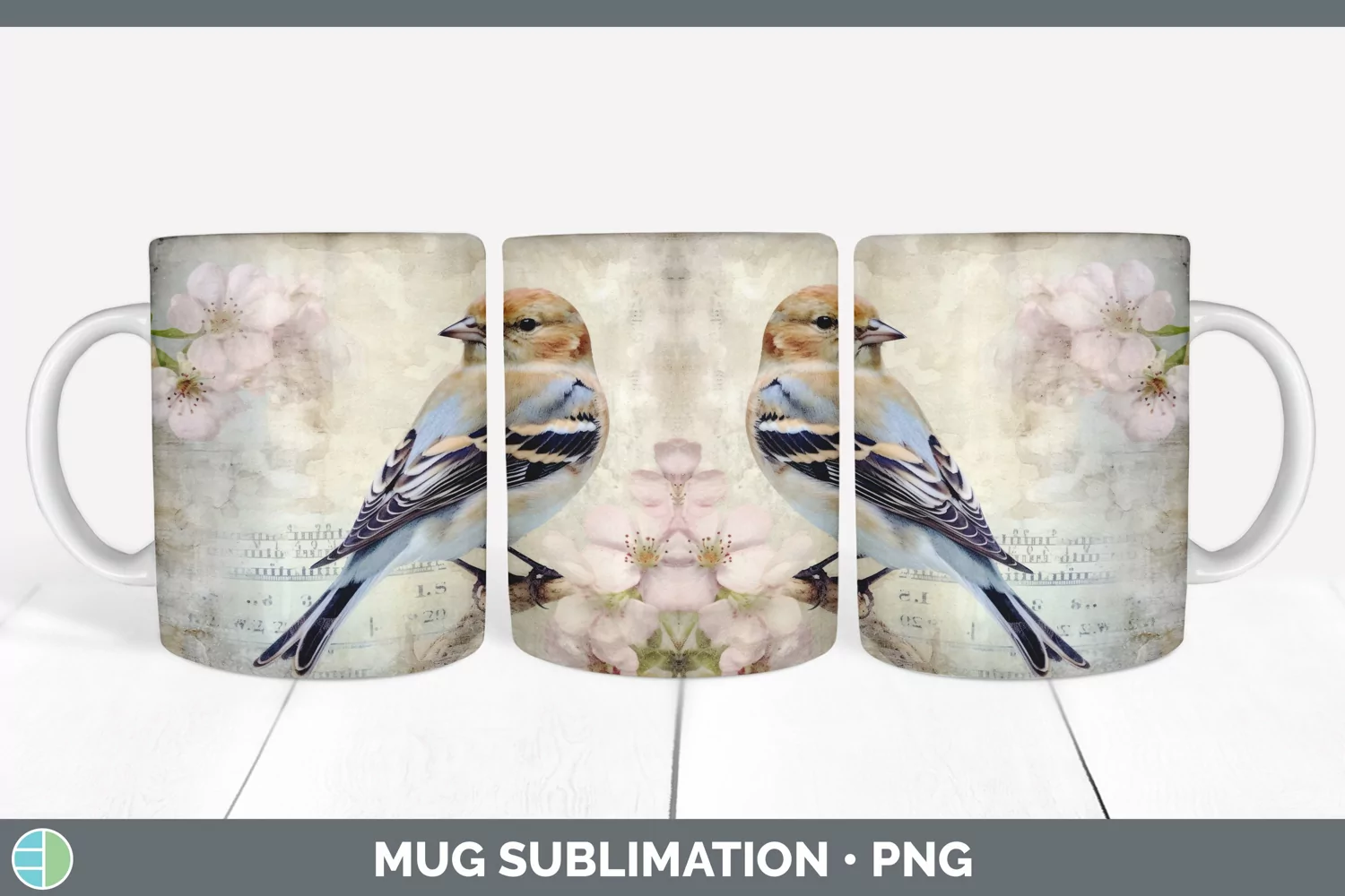 GorgeousDecoupage Snow Buntings Mug Wrap design.