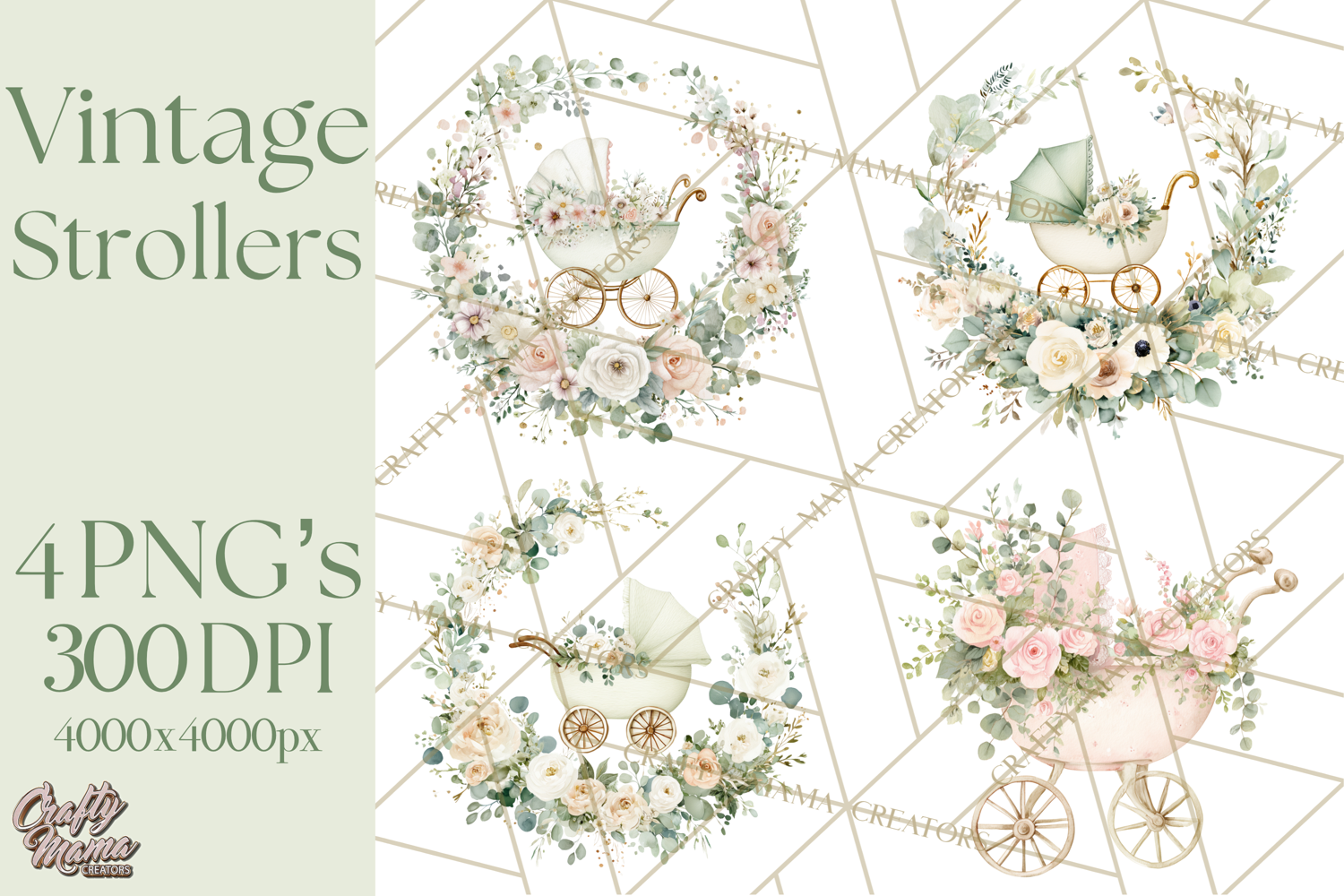Baby Shower Clipart, Vintage Stroller Png Watercolor product image 1
