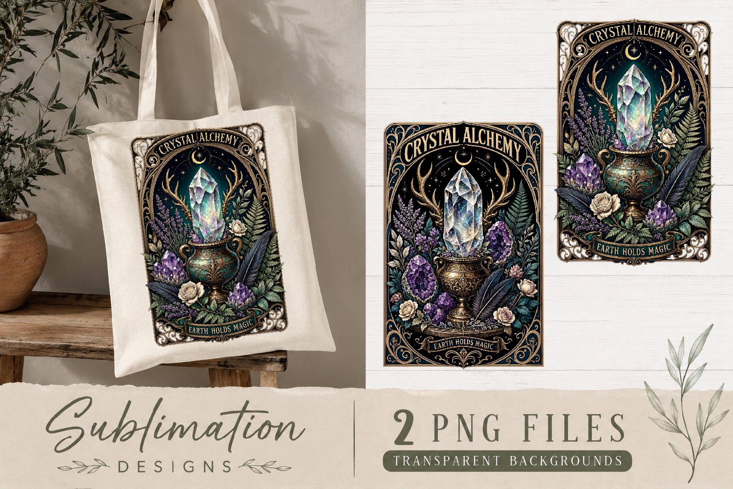 Crystal Alchemy Sublimation PNG | Celestial Witchy Botanical product image 1