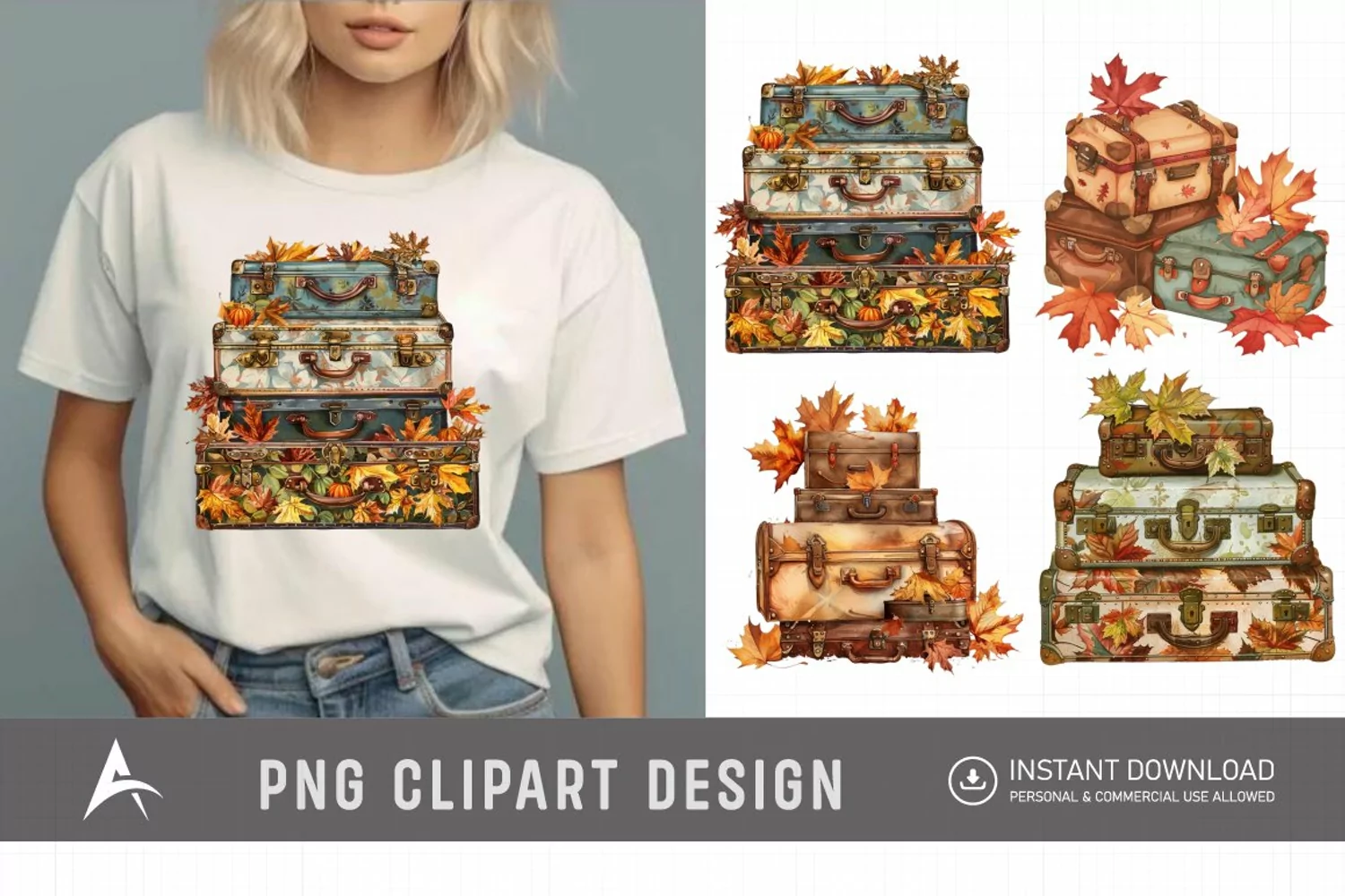 Vintage Suitcases with Autumn Leaves Clipart product image 1
