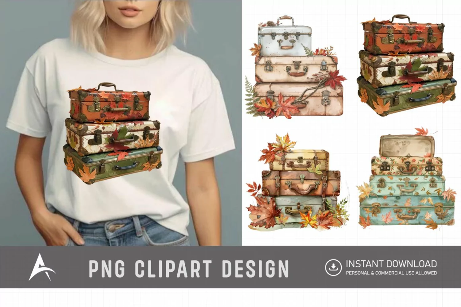 Vintage Suitcases with Autumn Leaves Clipart product image 1