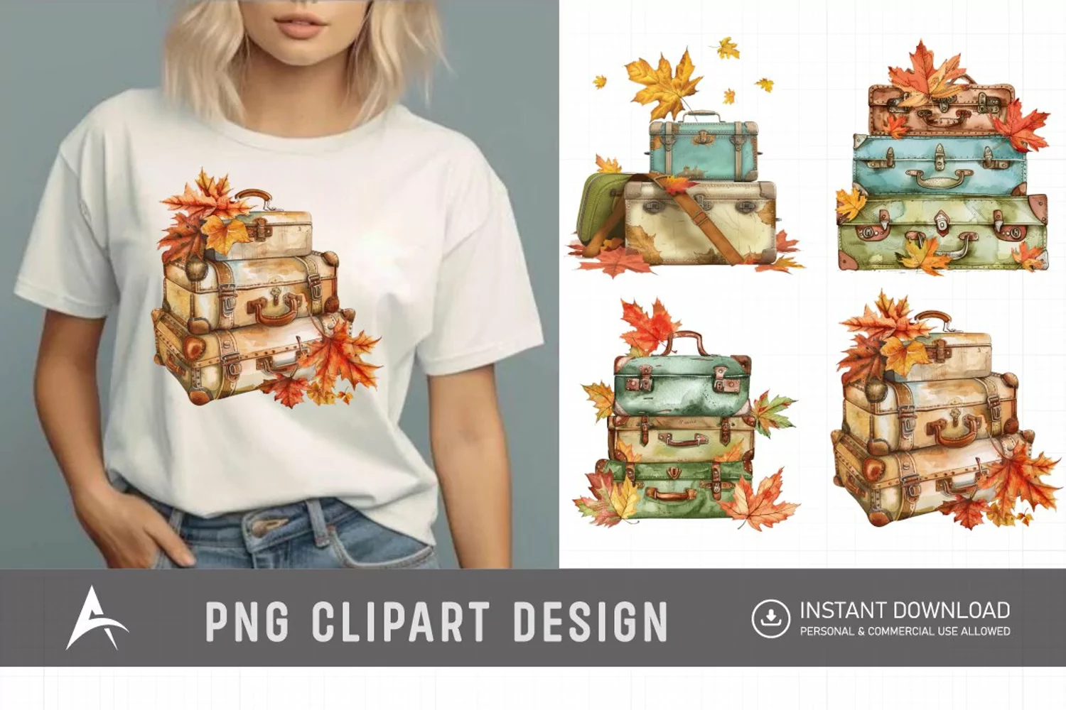 Vintage Suitcases with Autumn Leaves Clipart product image 1