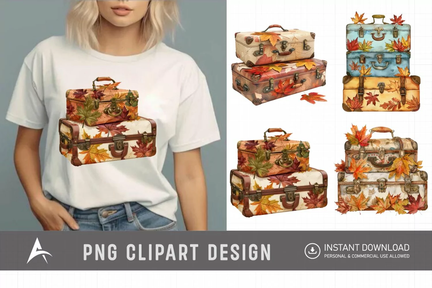 Vintage Suitcases with Autumn Leaves Clipart product image 1
