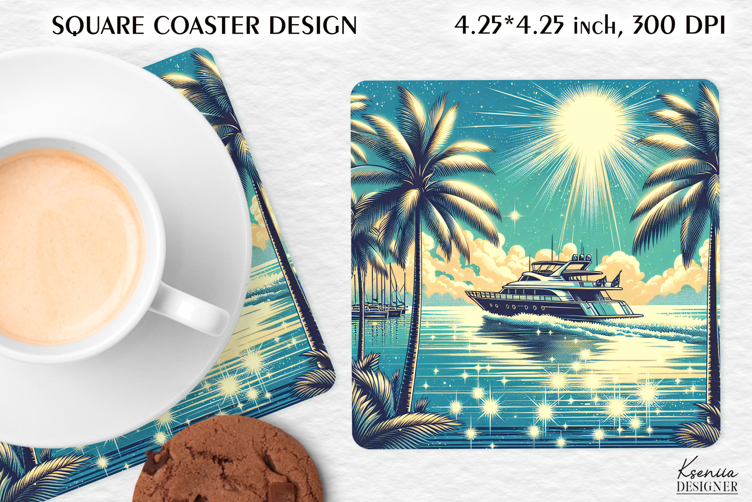 Vintage Summer Vibes Square Coaster|Palm|Retro Beach|Ocean product image 1