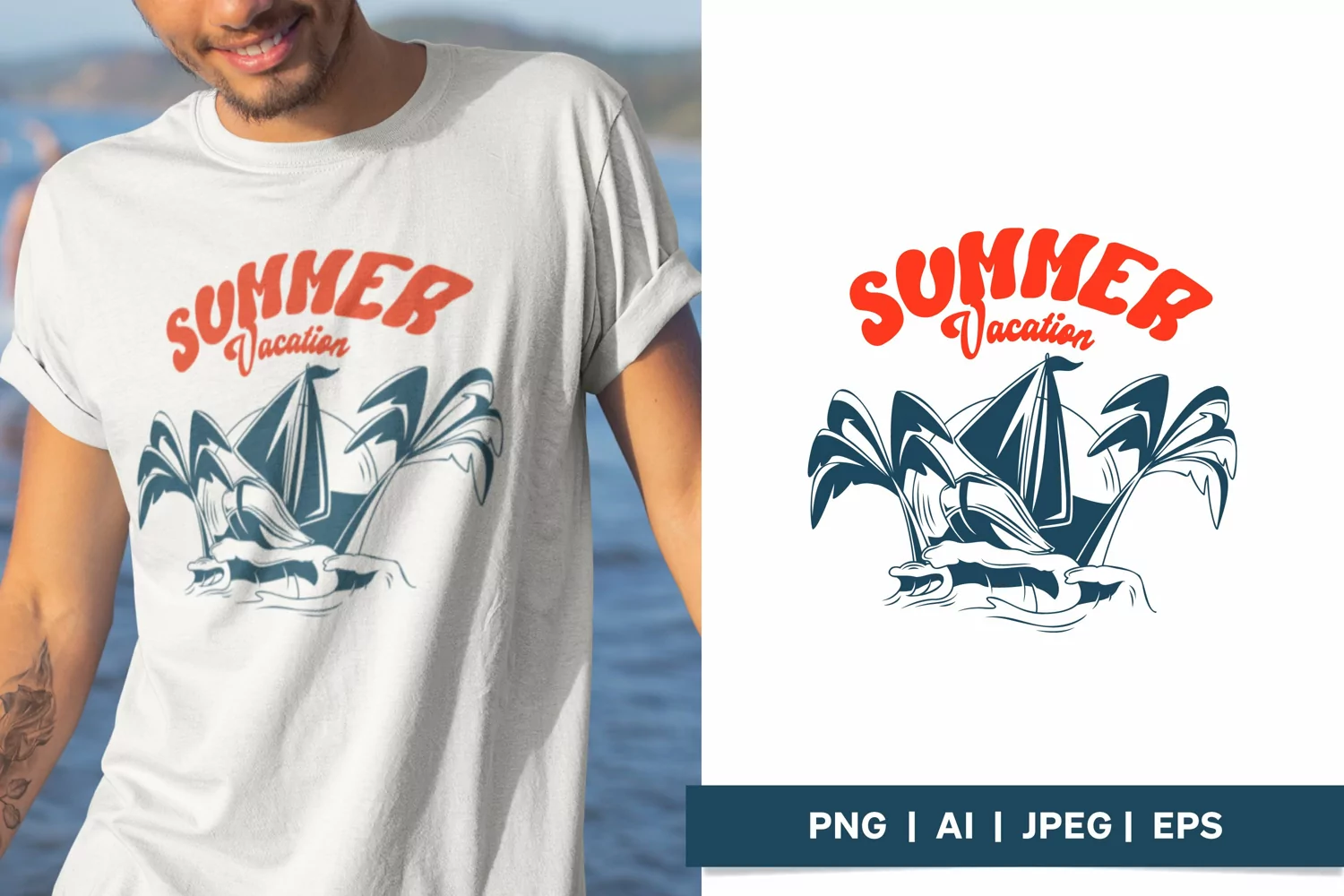 Summer Vacation Text with Sailboat and Palm Trees Design product image 1