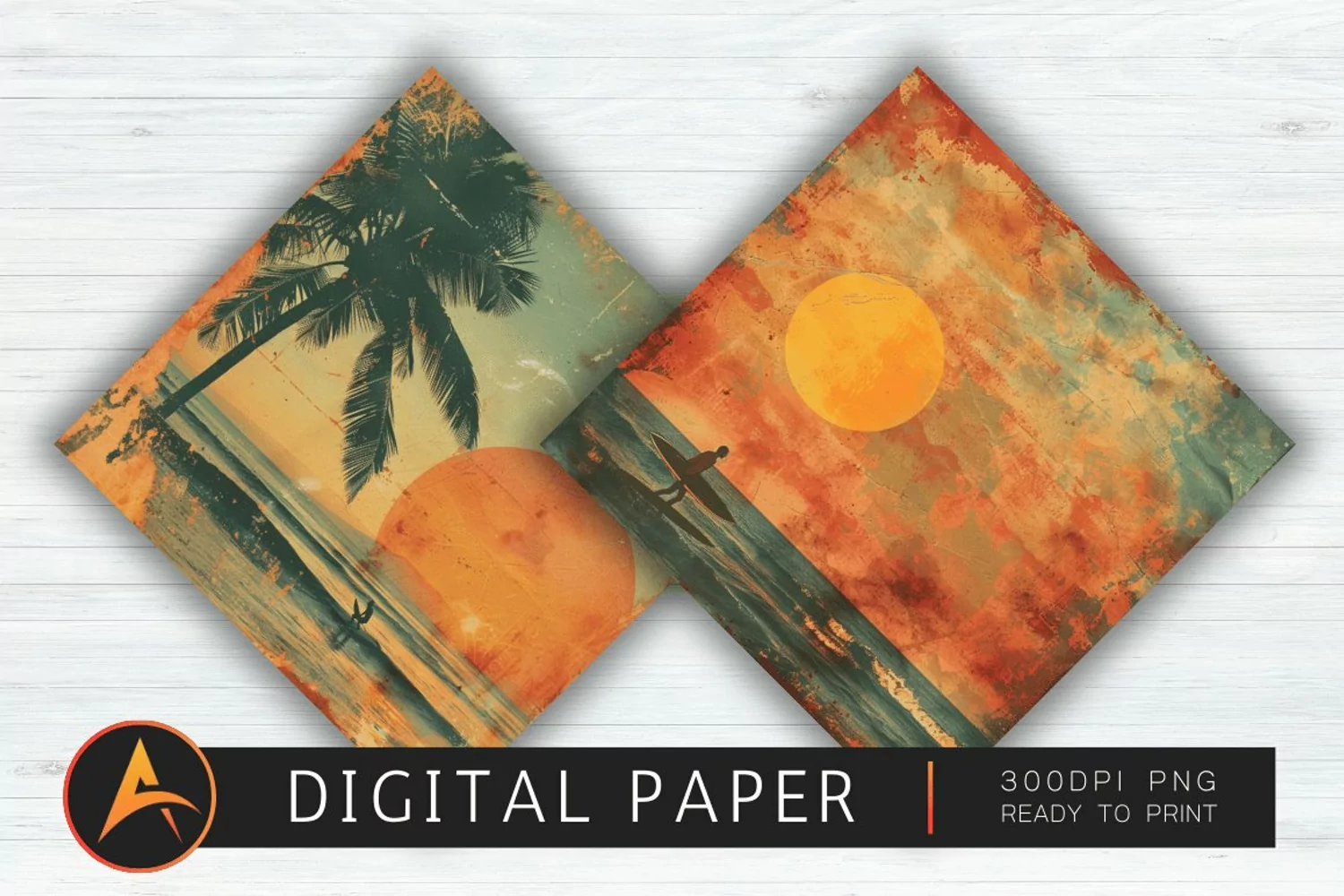 Vintage Surfing Sunset Digital Paper PNG product image 1