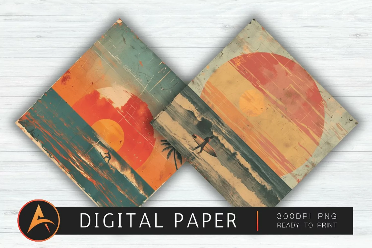 Vintage Surfing Sunset Digital Paper PNG product image 1