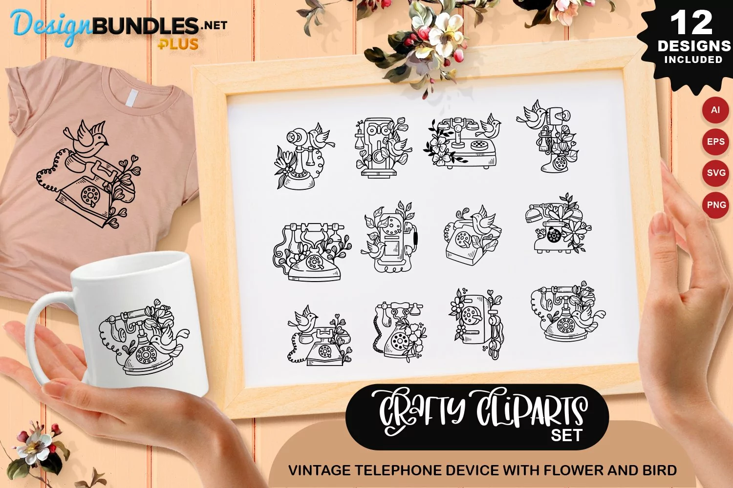 Vintage Telephone Device With Flower And Bird Clipart Set product image 1