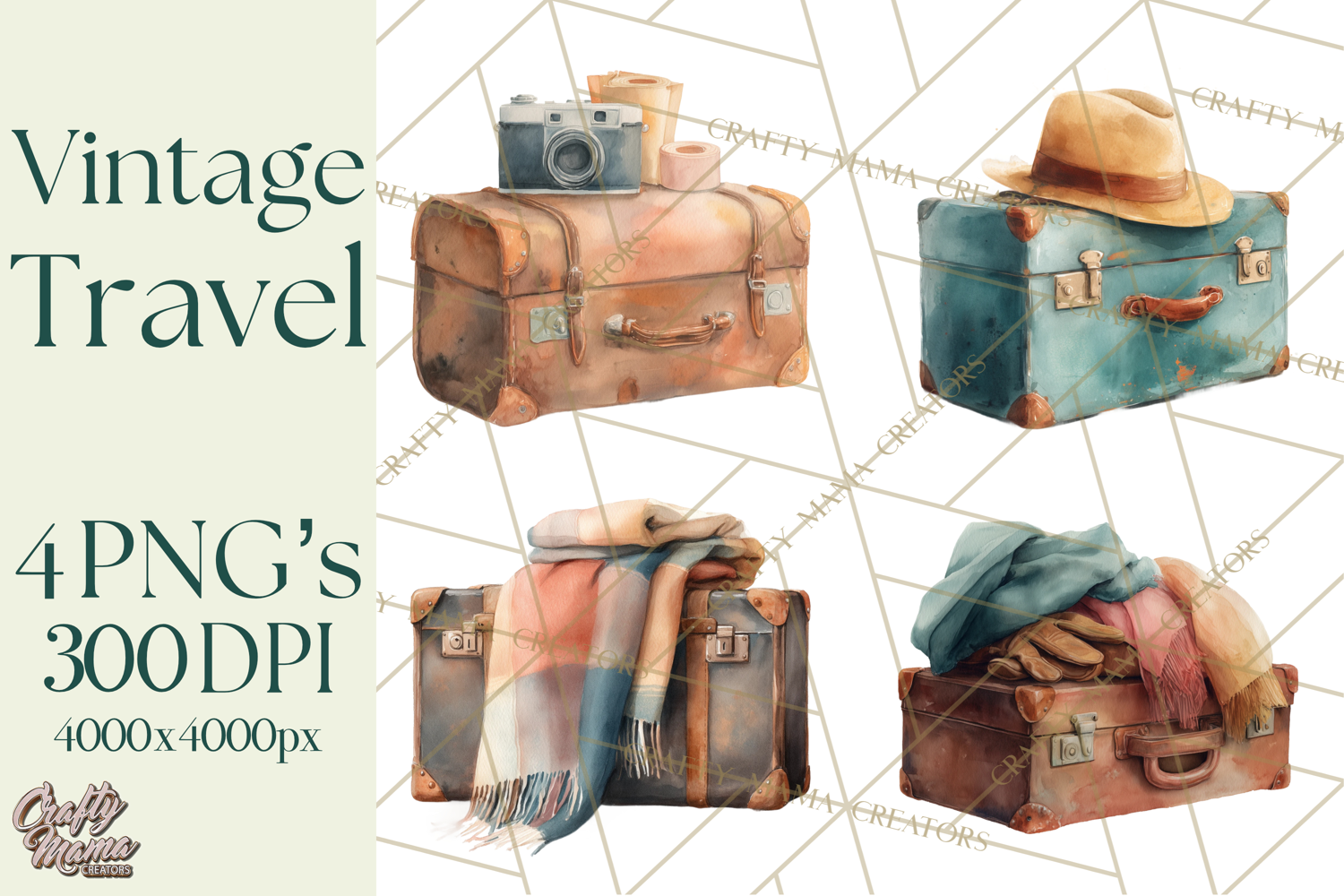 Vintage Travel Clipart, Watercolor Suitcase Clipart PNG product image 1
