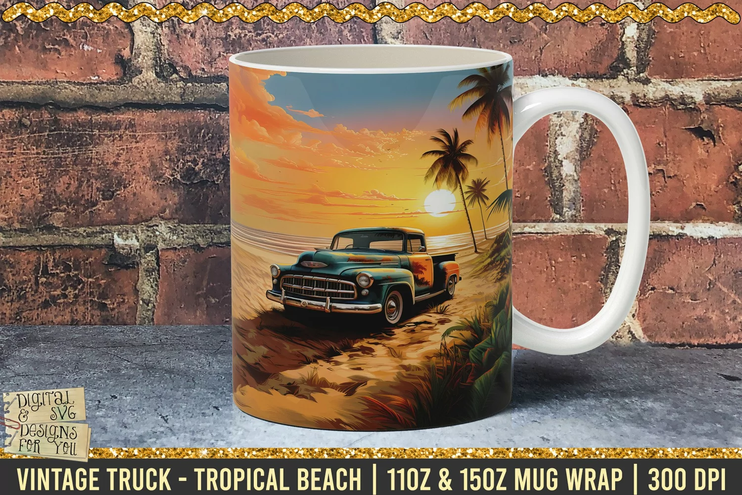 Vintage Truck - Tropical Beach Sunset Mug Wrap | 300 dpi PNG product image 1