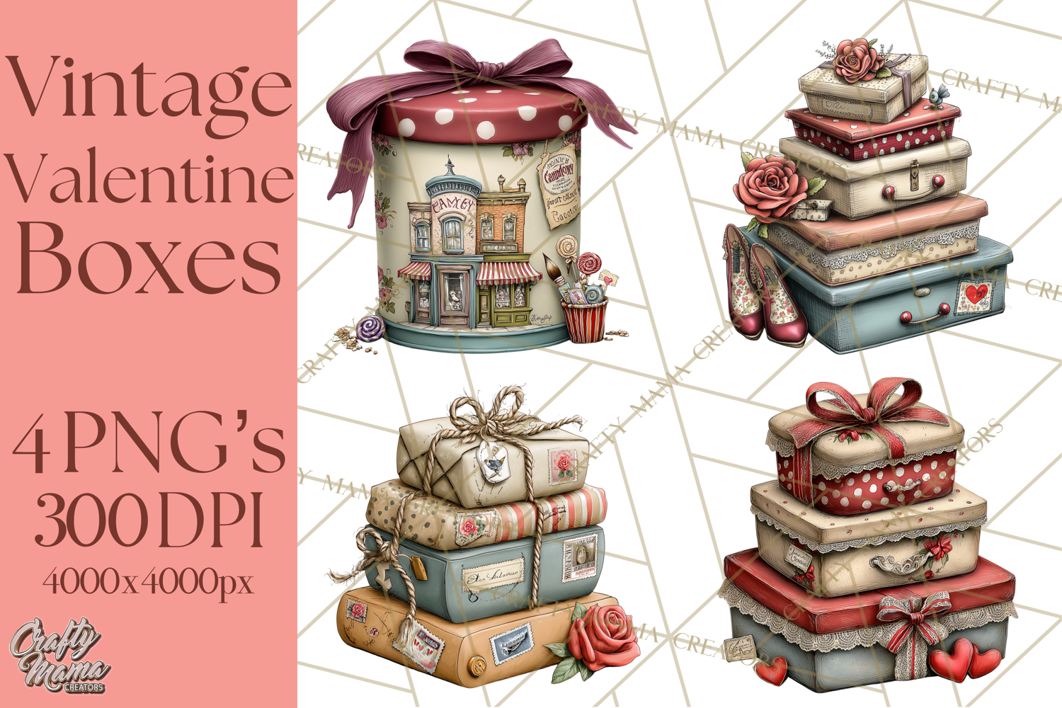Vintage Valentine Gift Boxes Clipart PNG, Romantic Heart product image 1