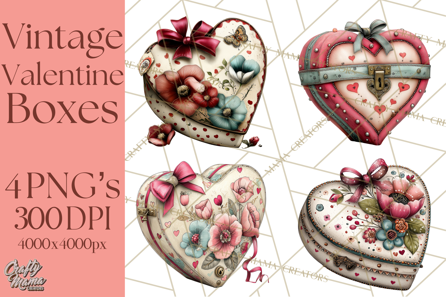 Vintage Valentine Gift Boxes Clipart PNG, Romantic Heart product image 1
