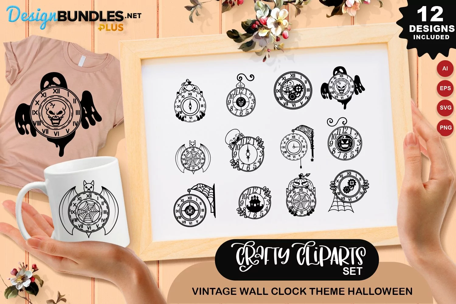 Vintage Wall Clock Theme Halloween Clipart Set product image 1