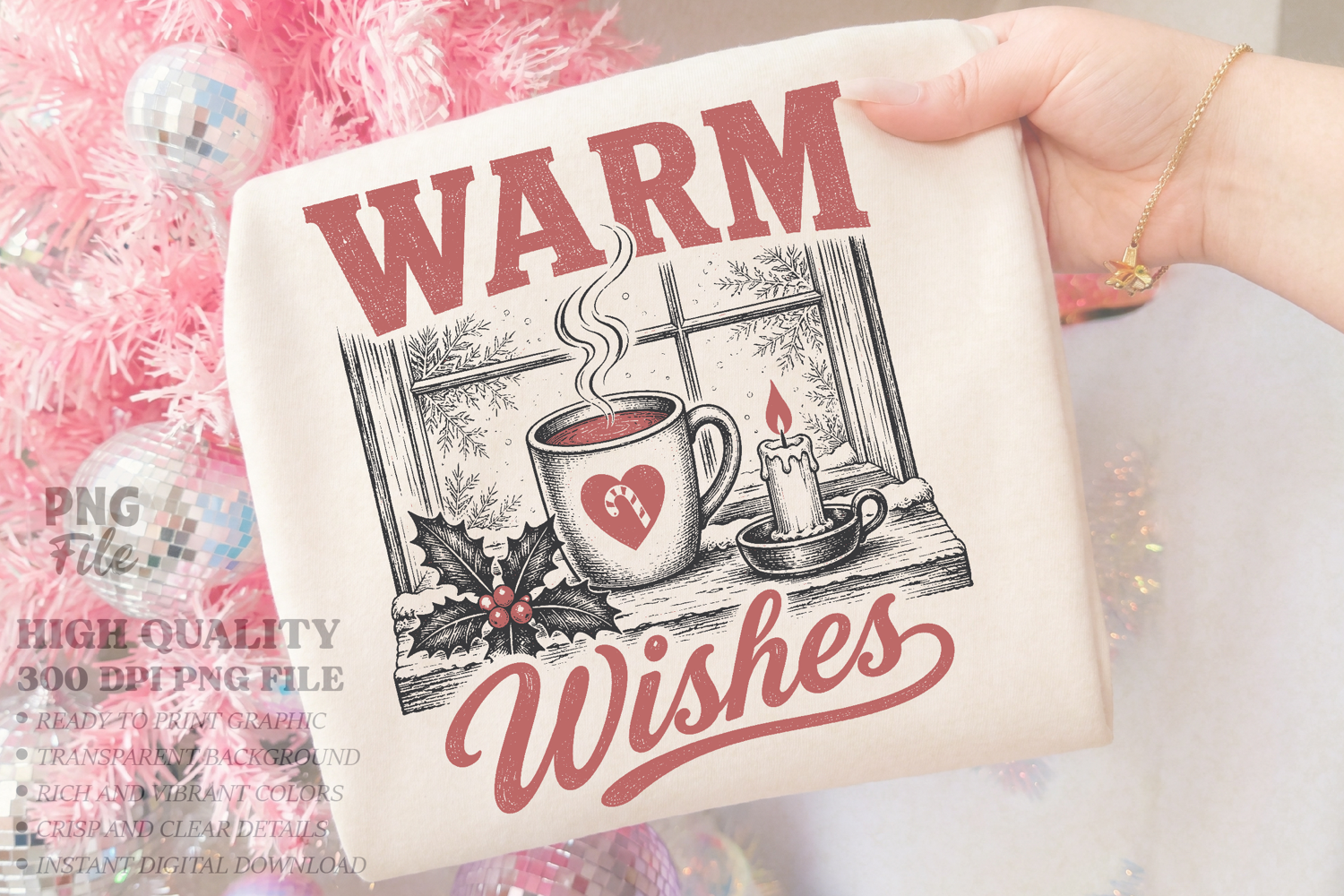 Vintage Warm Wishes Christmas Design PNG, Winter Cozy PNG product image 1