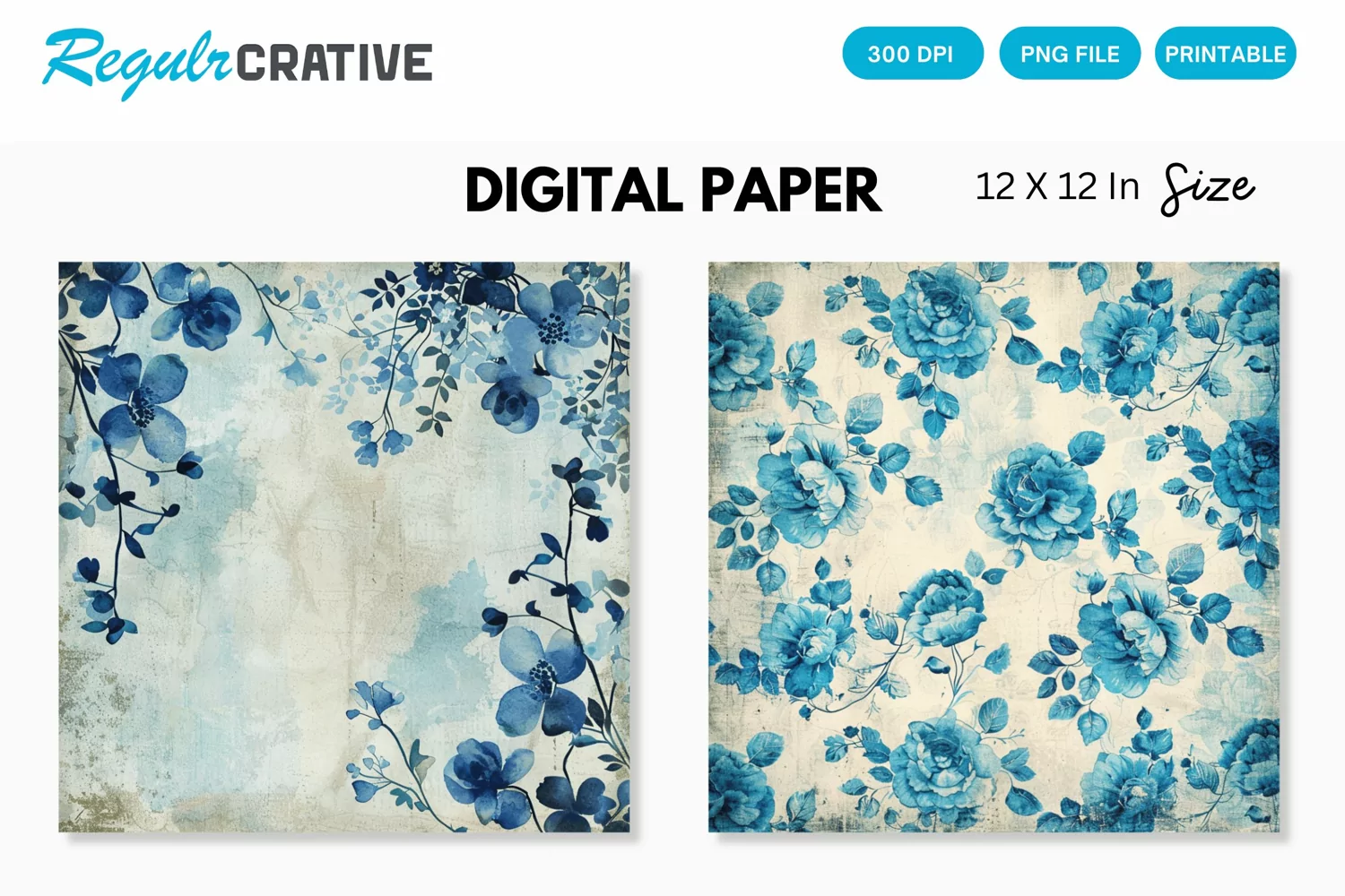 Vintage Watercolor Blue Floral Seamless Digital Paper product image 1
