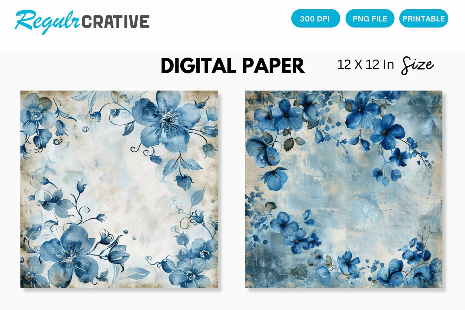 Vintage Watercolor Blue Floral Seamless Digital Paper product image 1