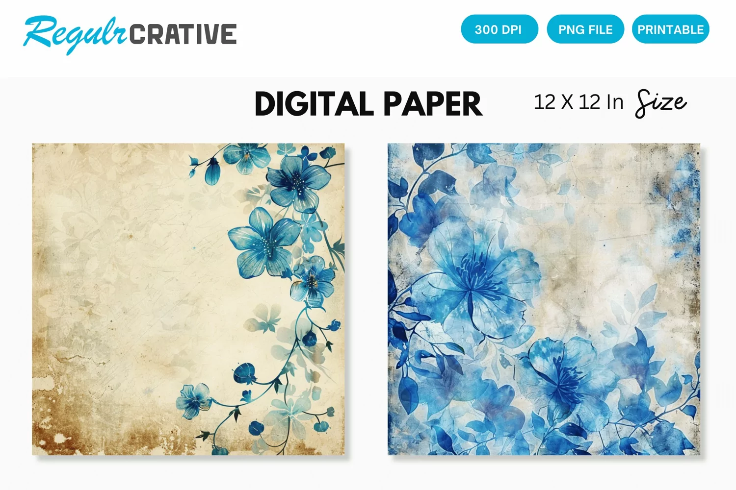 Vintage Watercolor Blue Floral Seamless Digital Paper product image 1