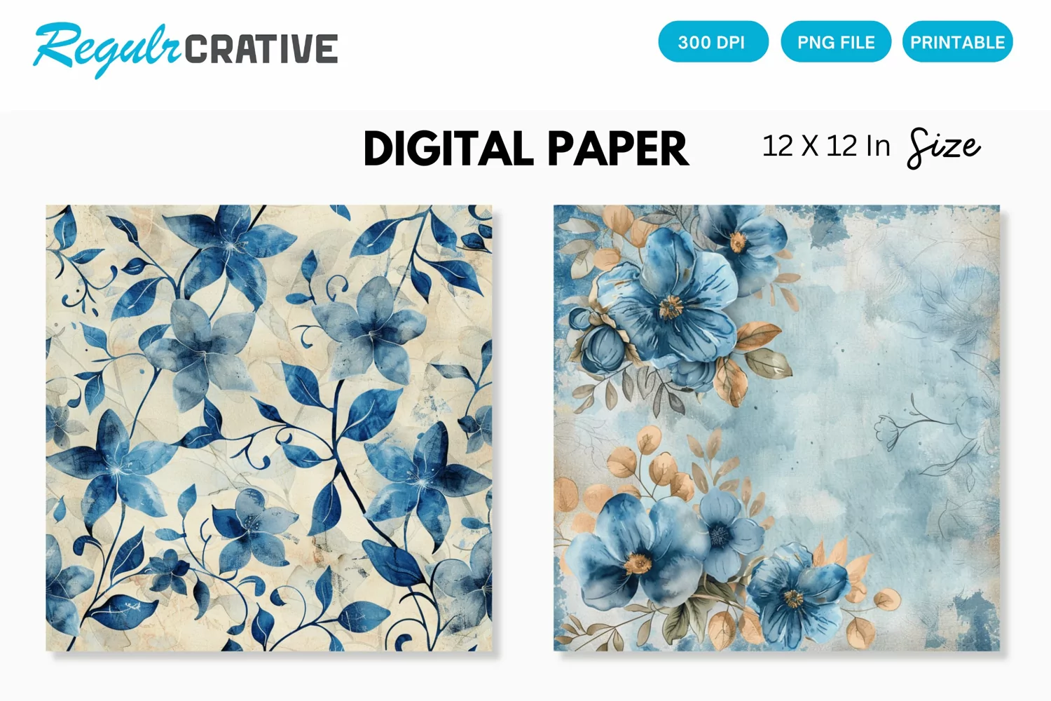 Vintage Watercolor Blue Floral Seamless Digital Paper product image 1