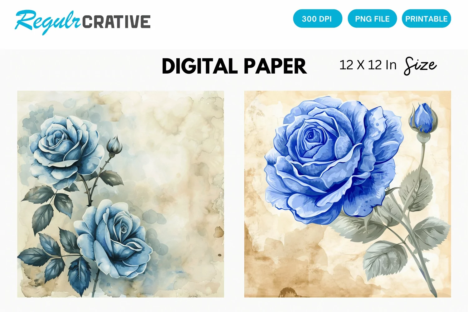 Vintage Watercolor Blue Rose Digital Paper product image 1