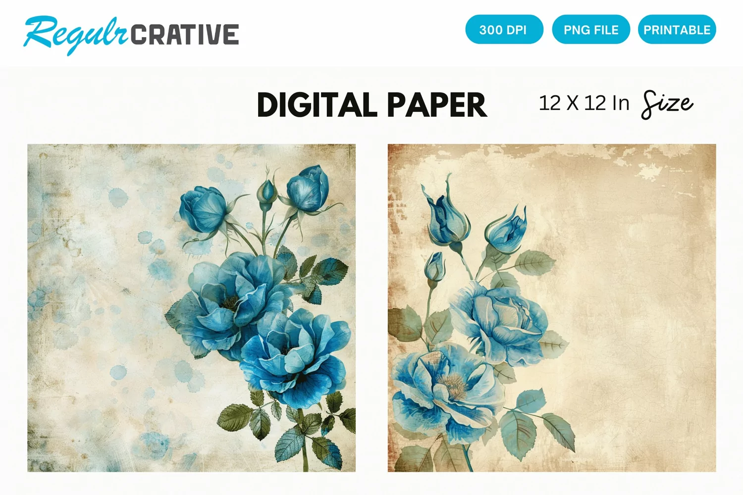 Vintage Watercolor Blue Rose Digital Paper product image 1