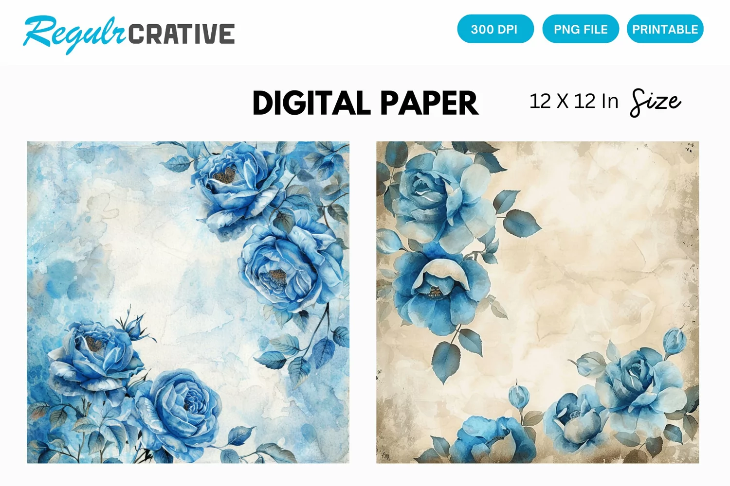Vintage Watercolor Blue Rose Digital Paper product image 1