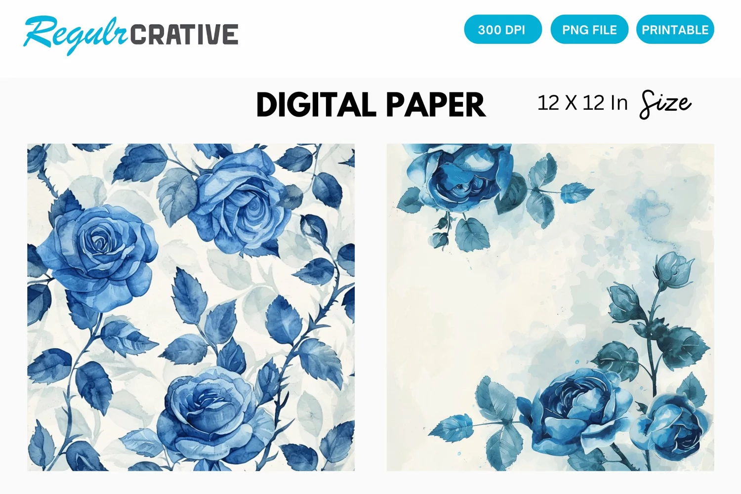 Vintage Watercolor Blue Rose Digital Paper product image 1