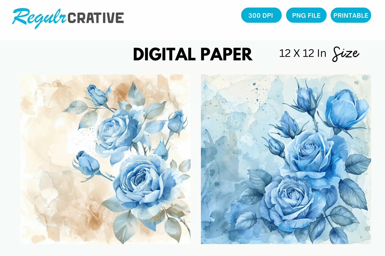 Vintage Watercolor Blue Rose Digital Paper product image 1