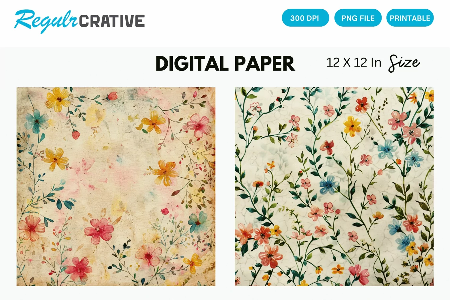 Vintage Watercolor Ditsy Spring Flowers Digital Paper product image 1