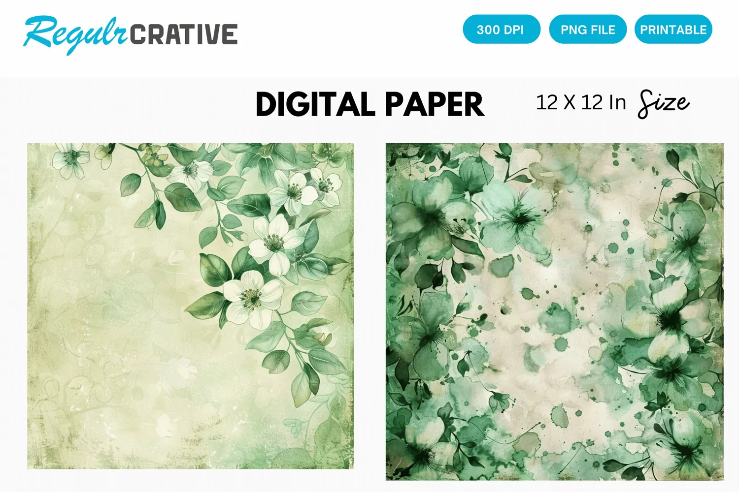 Vintage Watercolor Green Flower Digital Paper product image 1