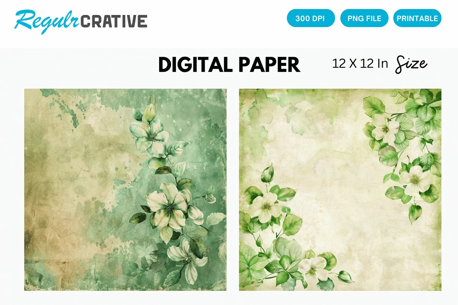 Vintage Watercolor Green Flower Digital Paper product image 1
