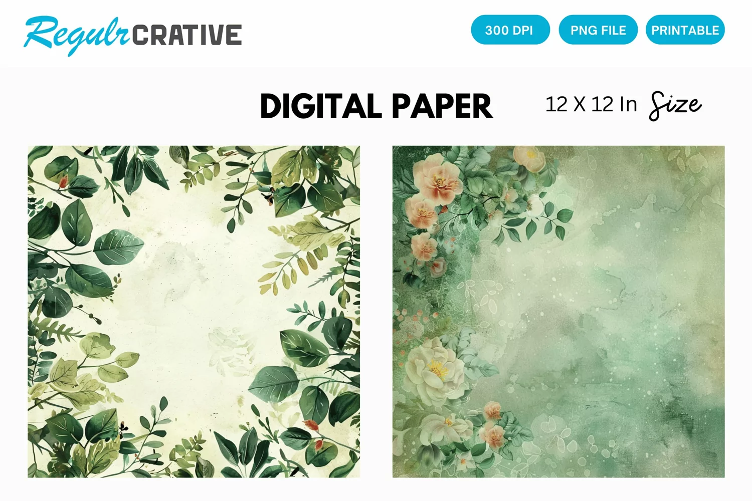 Vintage Watercolor Green Flower Digital Paper product image 1