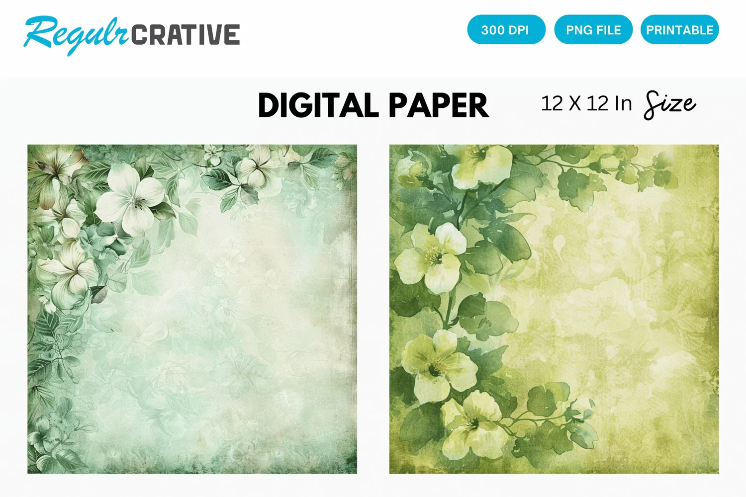 Vintage Watercolor Green Flower Digital Paper product image 1