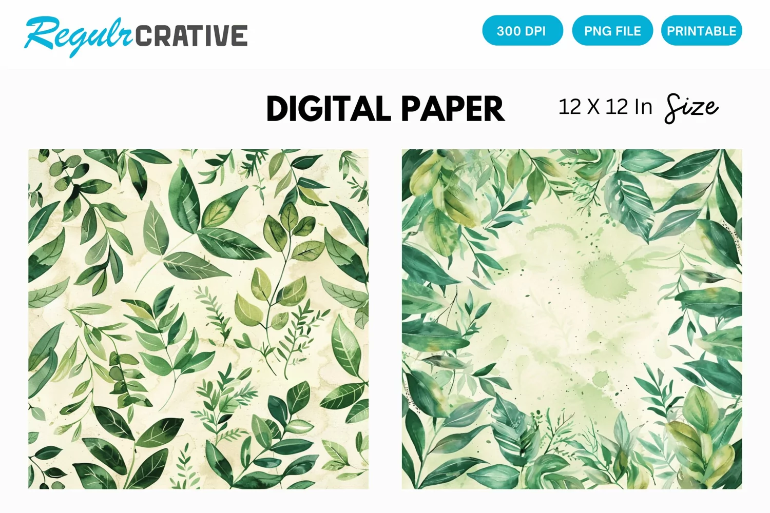 Vintage Watercolor Greenery Hippie Digital Paper product image 1