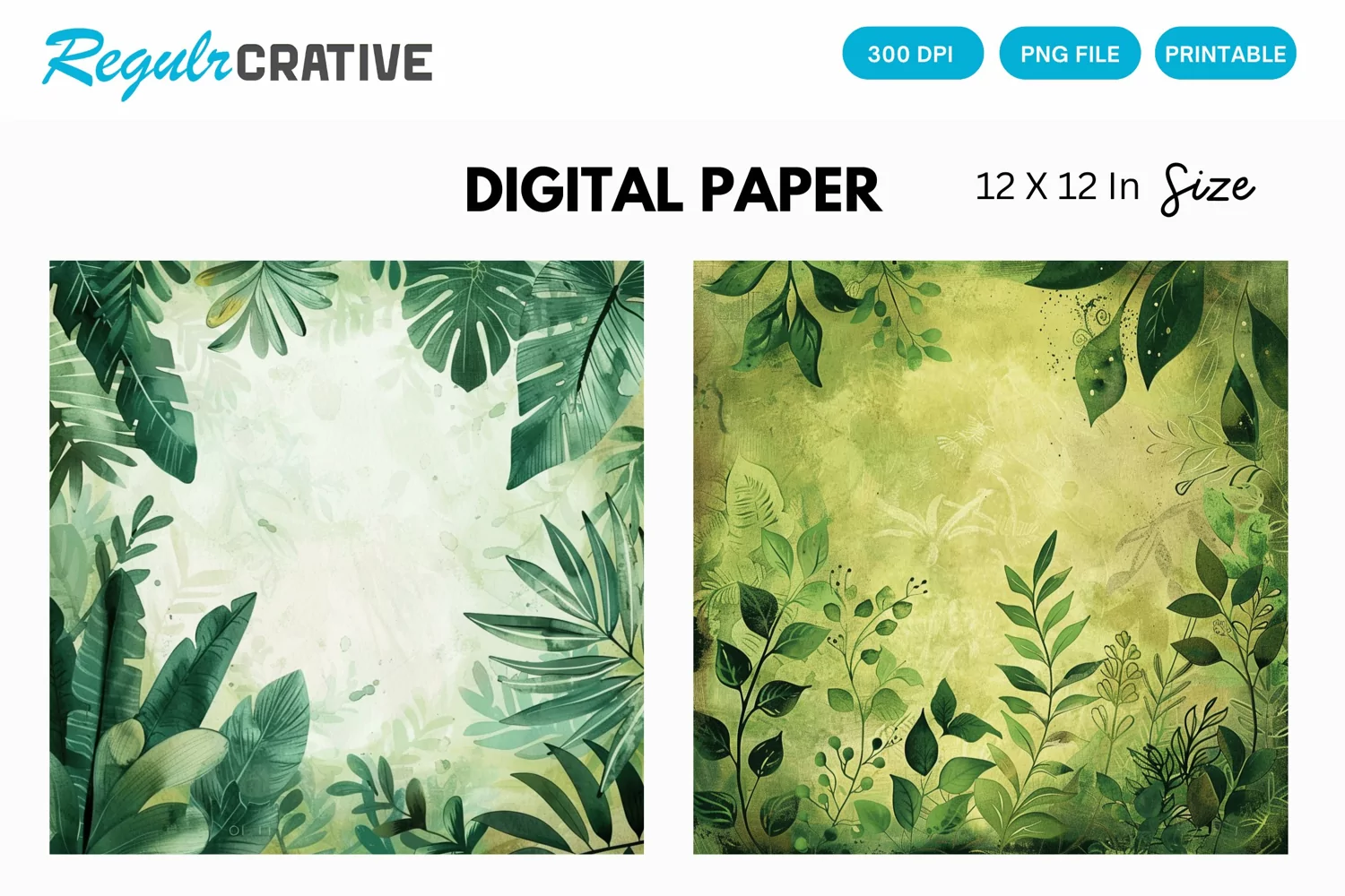 Vintage Watercolor Greenery Hippie Digital Paper product image 1