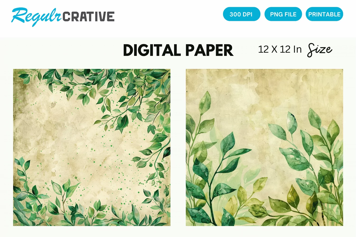 Vintage Watercolor Greenery Digital Paper product image 1