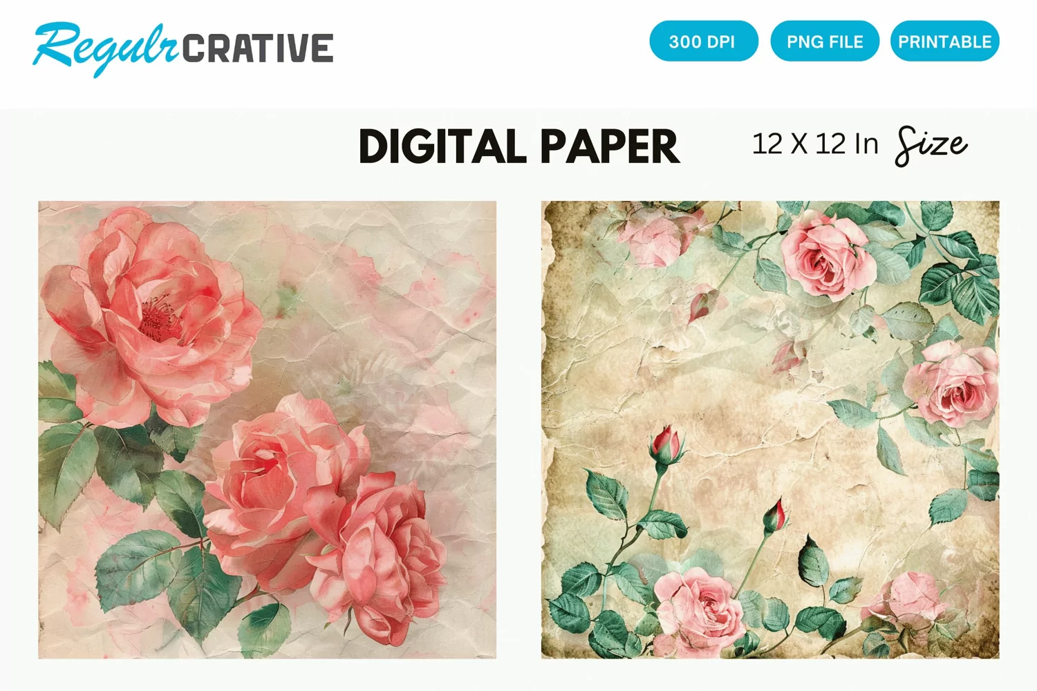 Vintage Watercolor Pink Roses Digital Paper product image 1