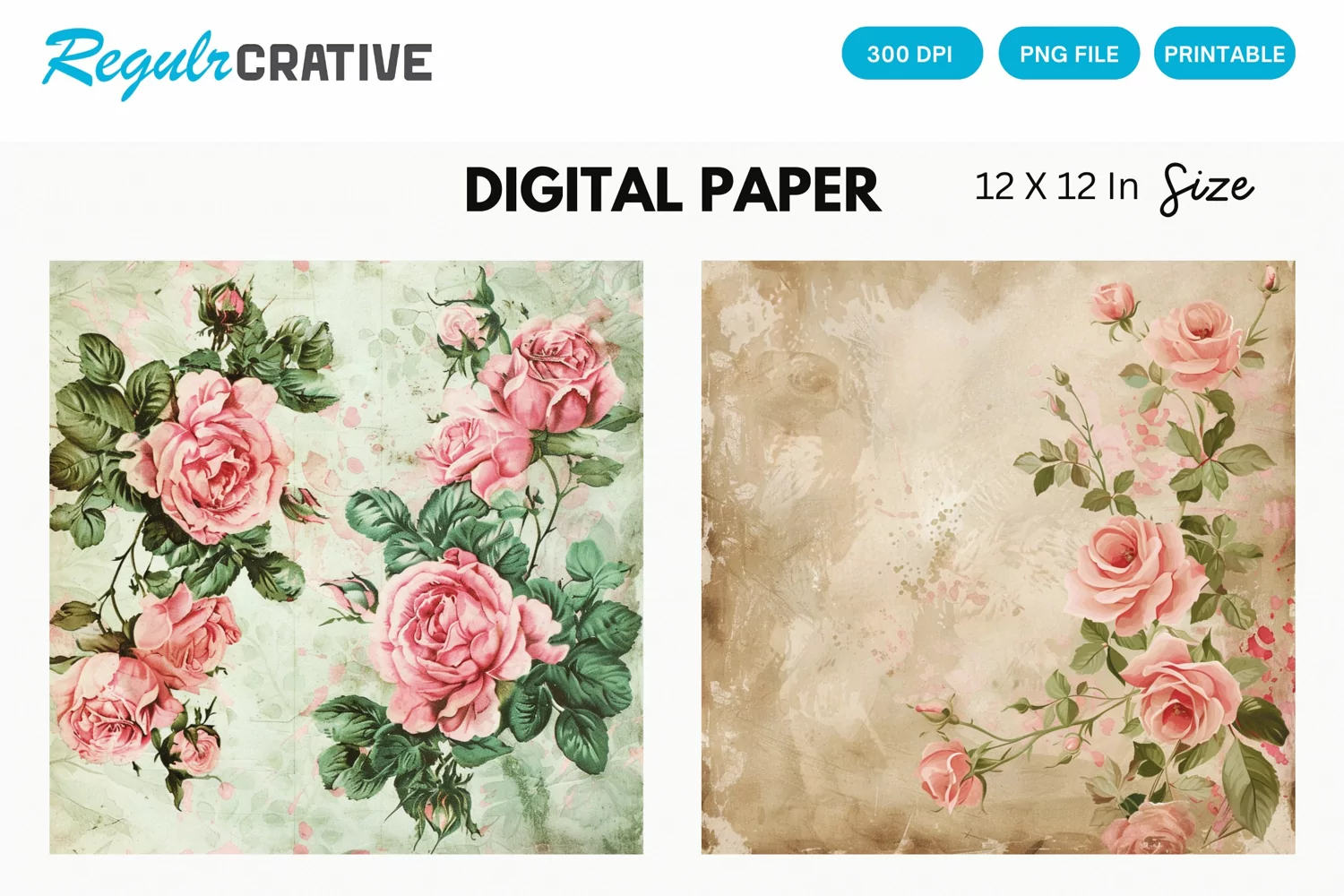 Vintage Watercolor Pink Roses Digital Paper product image 1