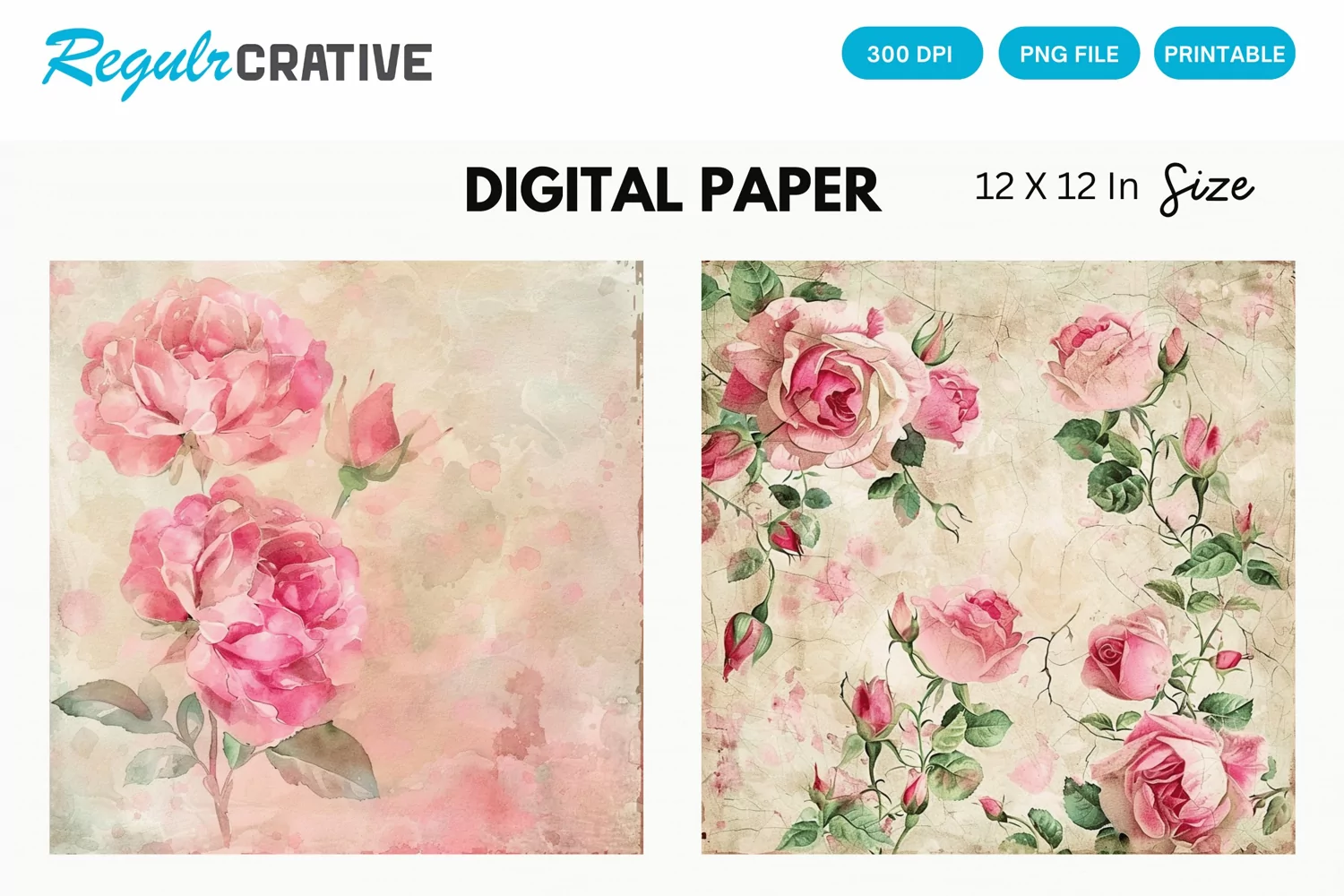 Vintage Watercolor Pink Roses Digital Paper product image 1