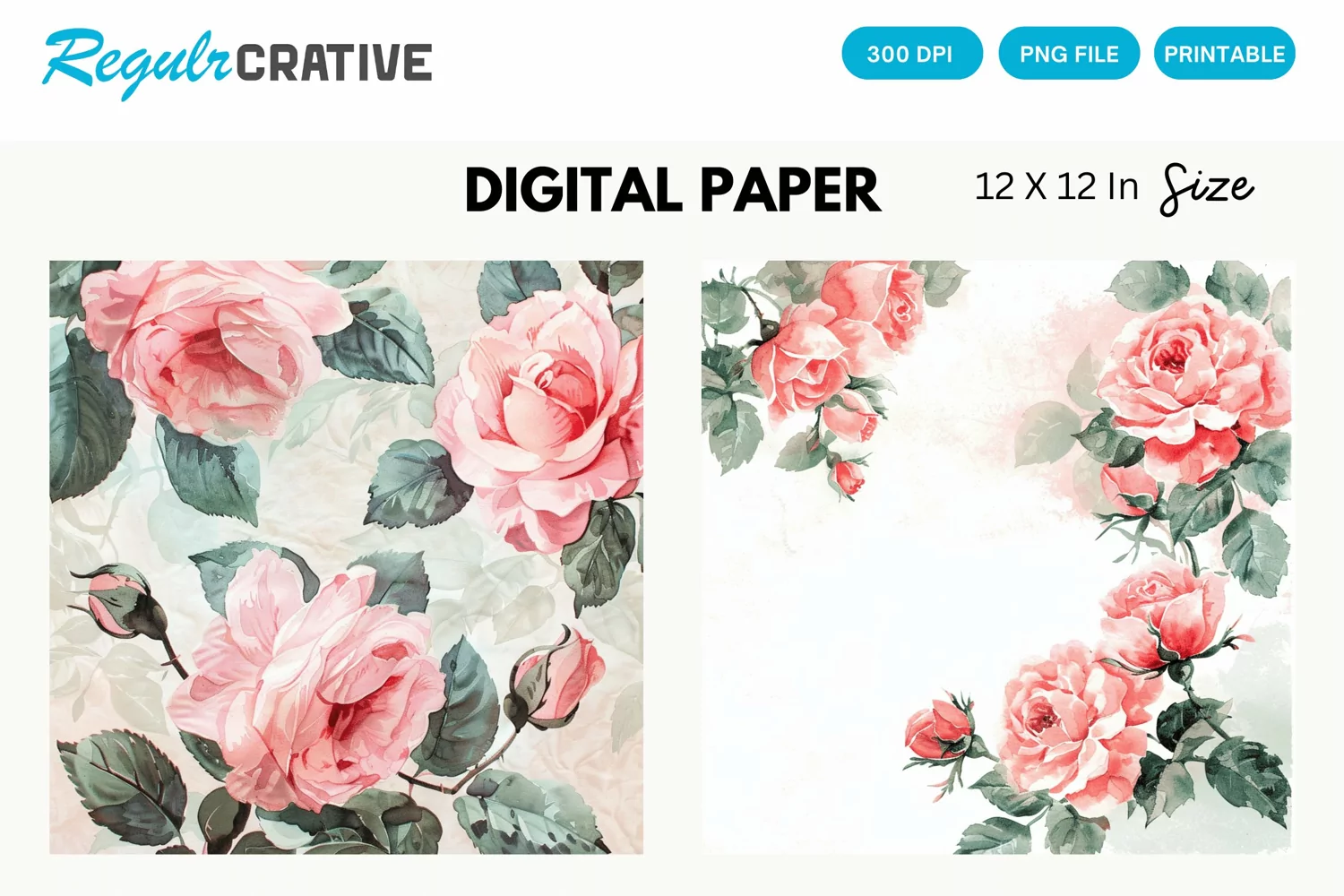Vintage Watercolor Roses Digital Paper, Watercolor Roses PNG product image 1