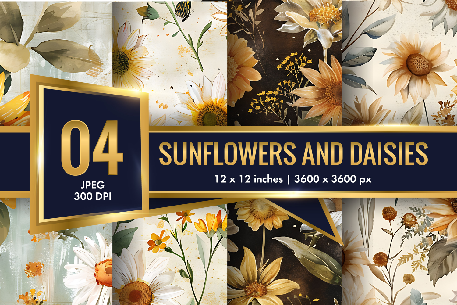 vintage watercolor sunflowers and daisies Digital Paper product image 1